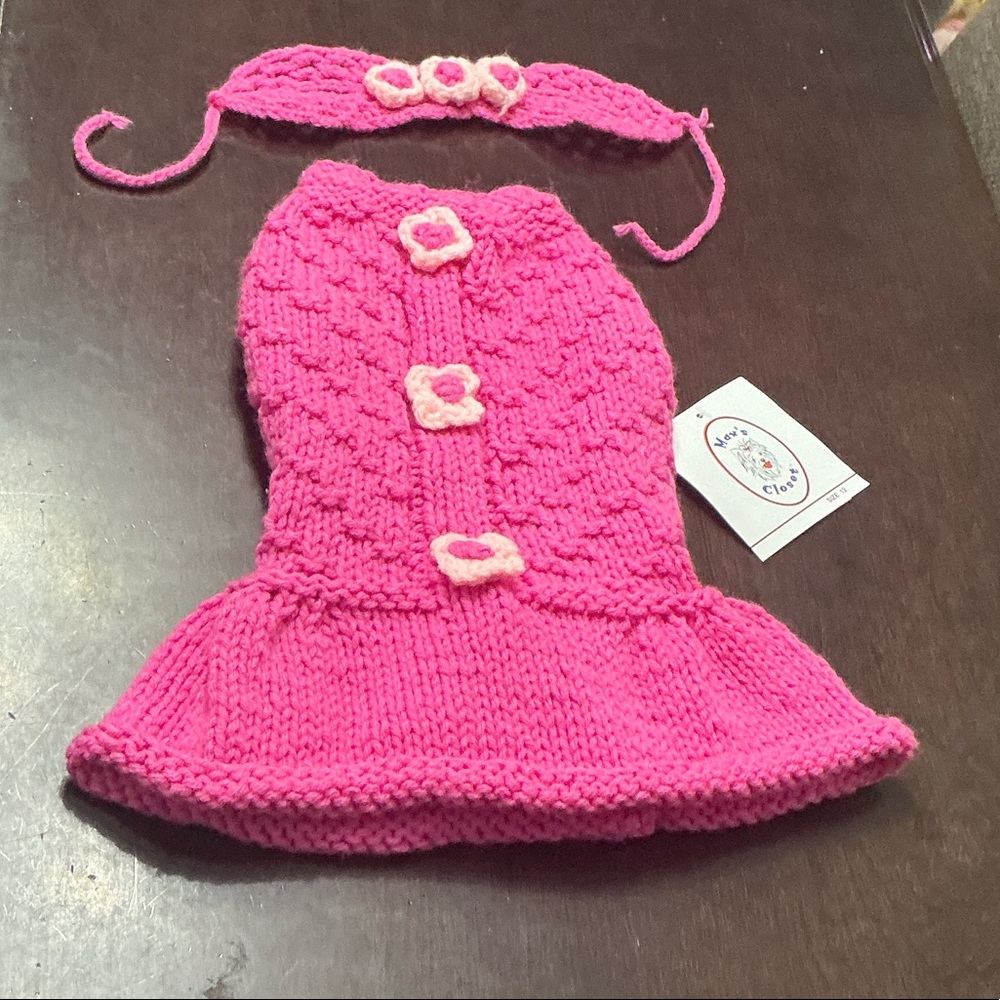 Pink Knitted Dog Dress and Headband Set - NWT